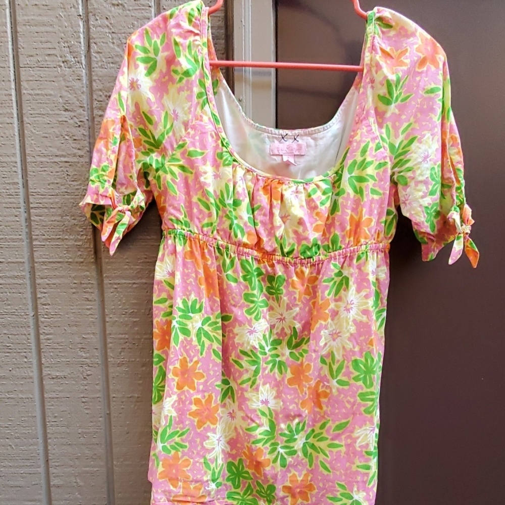 Lilly Pulitzer Pink Floral Empire-Waist Top with Green & Orange Accents